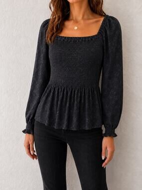 GAP Black Smocked Floral Peplum Blouse Puff Sleeve Top Cottagecore NWT | Large